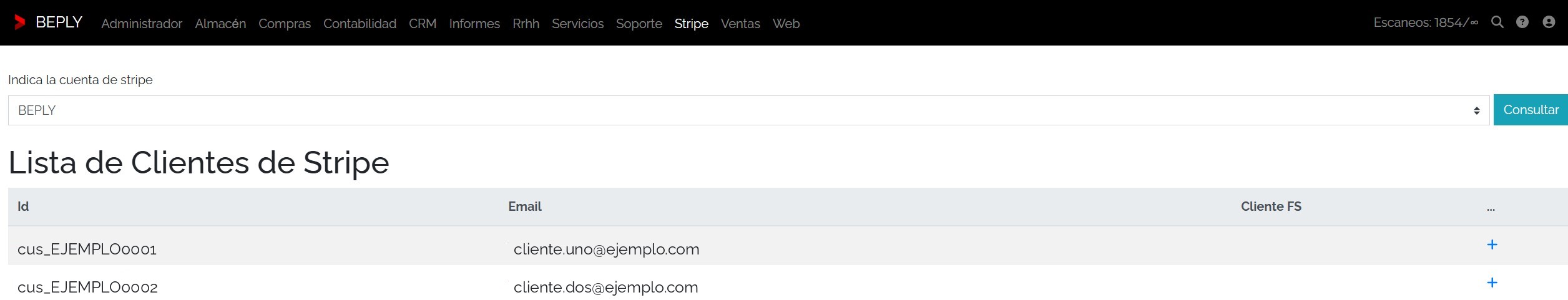 Lista de clientes de Stripe en Beply con identificadores y correos