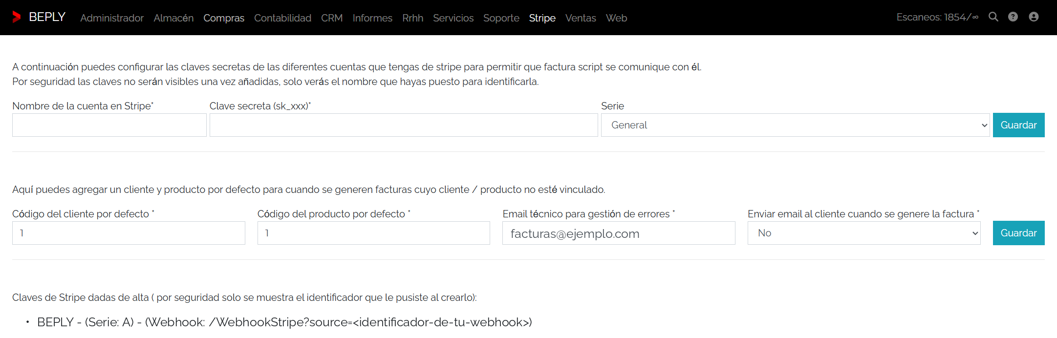 Ajustes de Stripe en Beply: cuenta, clave secreta, serie, cliente y producto por defecto