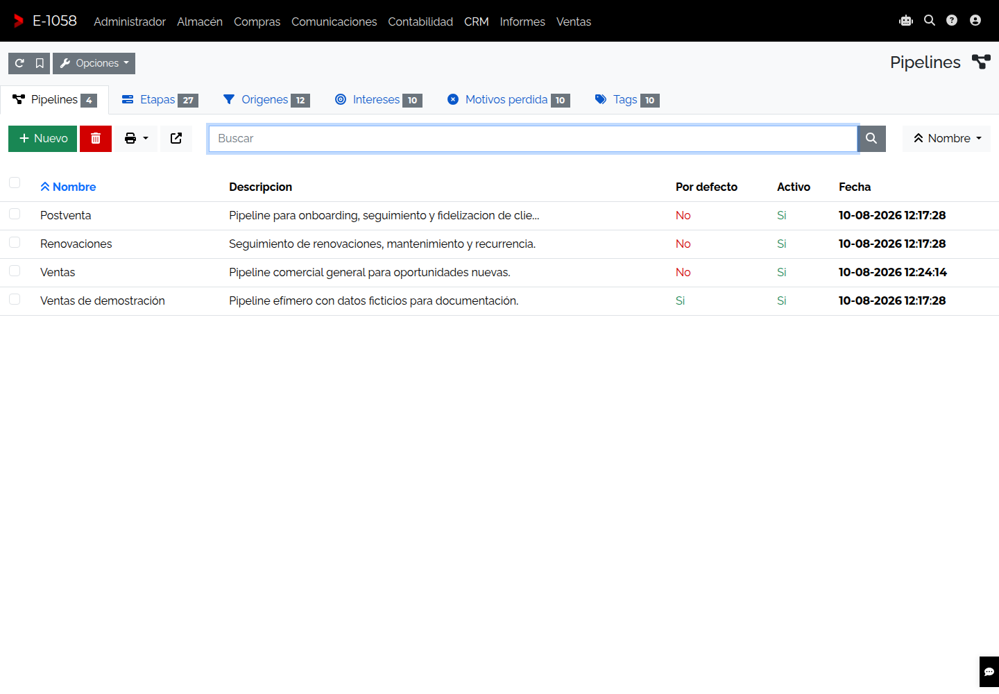 Listado de pipelines CRM sintéticos con accesos a etapas y catálogos.