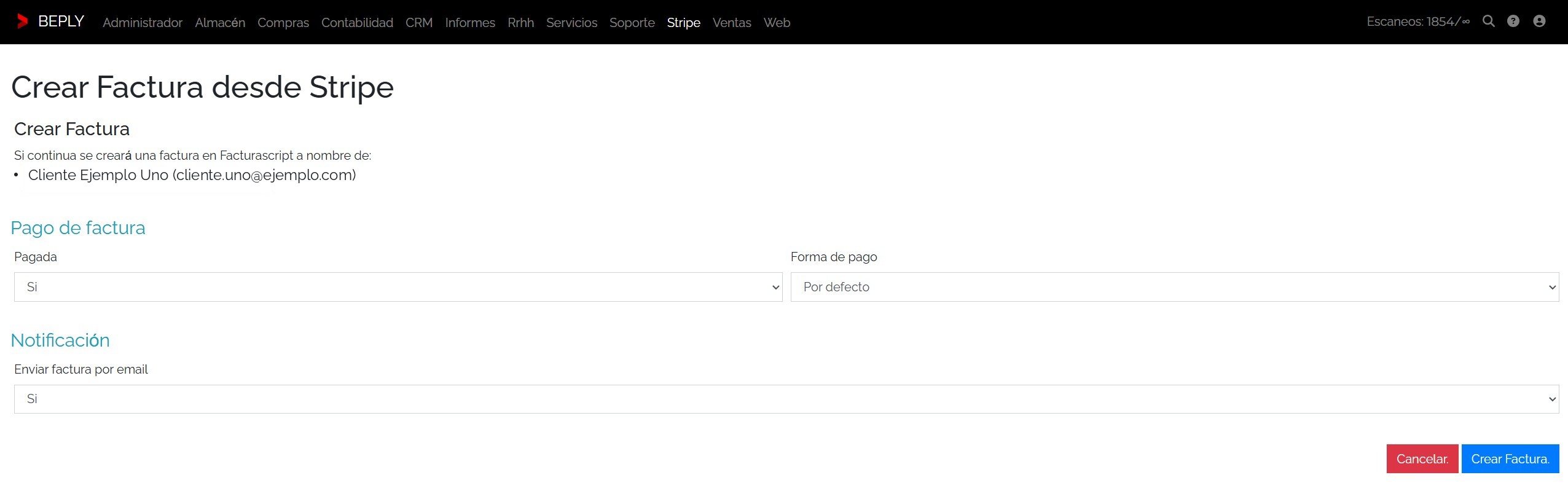 Crear factura desde Stripe para un cliente