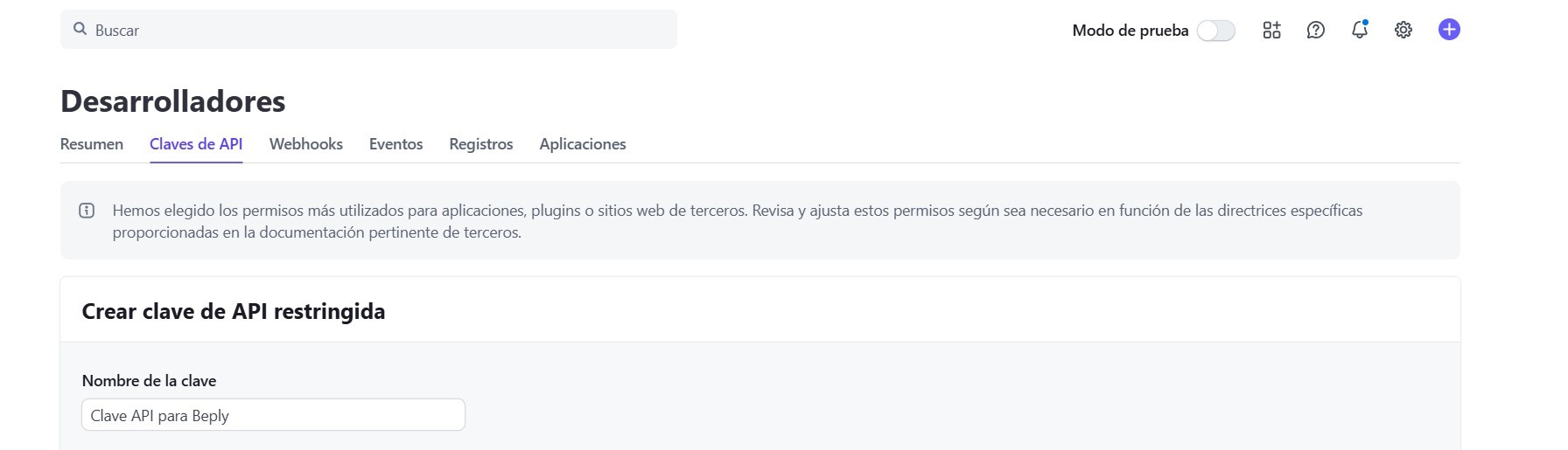 Pantalla de Stripe para crear una clave de API restringida con el nombre de la clave