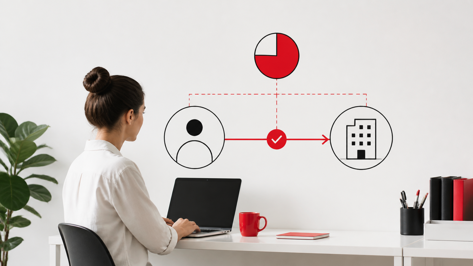 Representación visual de Diagrama abstracto de una persona frente a un único cliente, con una línea de porcentaje que marca el umbral del 75%. Estilo minimalista, fondo blanco, ca…
