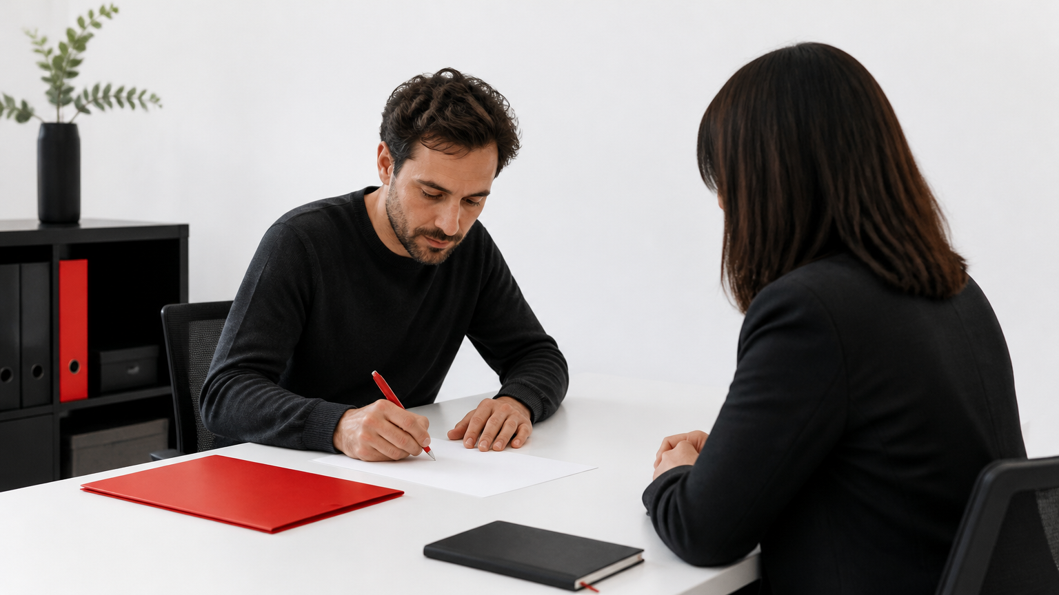 Representación visual de Fotografía de un profesional autónomo firmando un contrato con su cliente en una oficina, con el documento sobre la mesa. Estilo documental, fondo blanco,…
