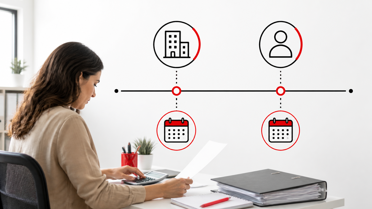 Calendario de plazos VeriFactu para asesorías. Identidad Beply obligatoria: fondo blanco, estructura carbón #1D1D1D y acción en rojo #F50000; bordes rectos, sin texto, logotipos, …