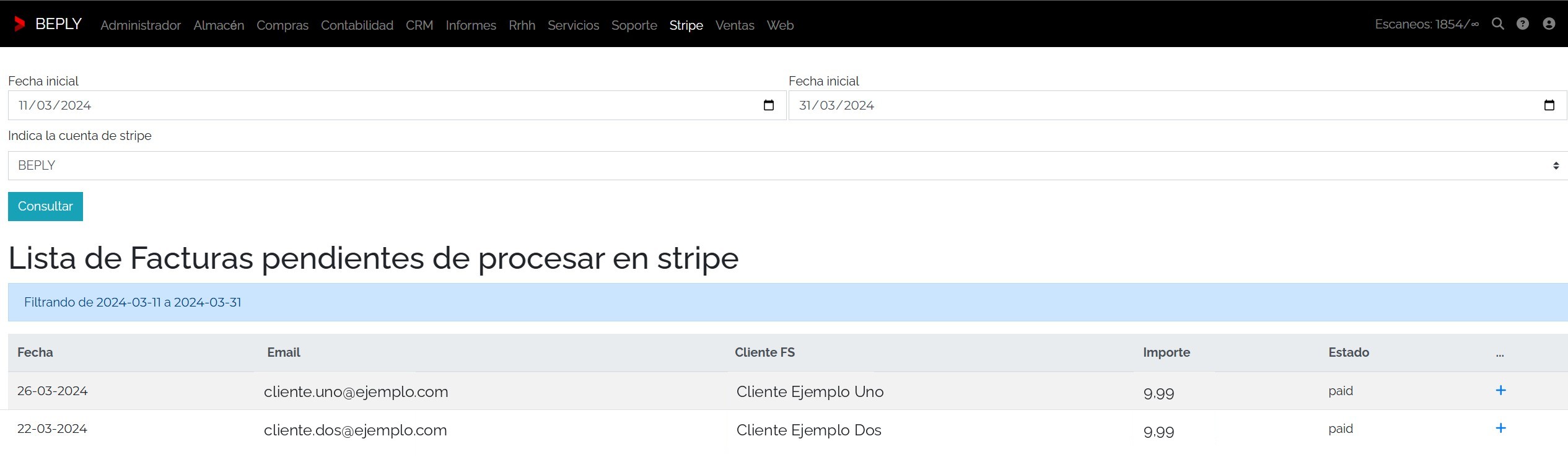 Lista de facturas de Stripe pendientes de procesar